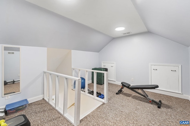 3080 Morewood Ln, Charlottesville, VA 22901 - exercise area with vaulted ceiling, carpet, and baseboards