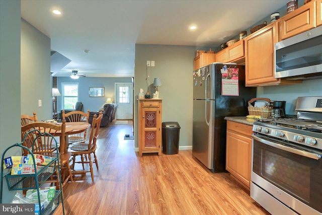 40 Blue Mountain Hts, Schuylkill Haven, PA 17972 - kitchen with appliances with stainless steel finishes, a ceiling fan, light wood finished floors, recessed lighting, and open floor plan