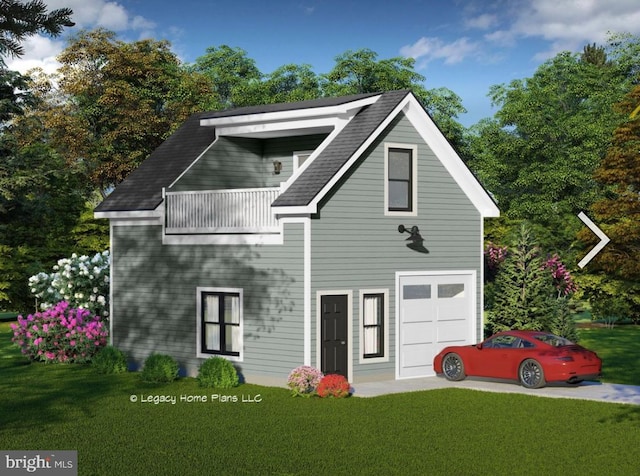 5235 Al Jones Dr, Shady Side, MD 20764 - view of front facade with an attached garage, a front lawn, a balcony, and roof with shingles