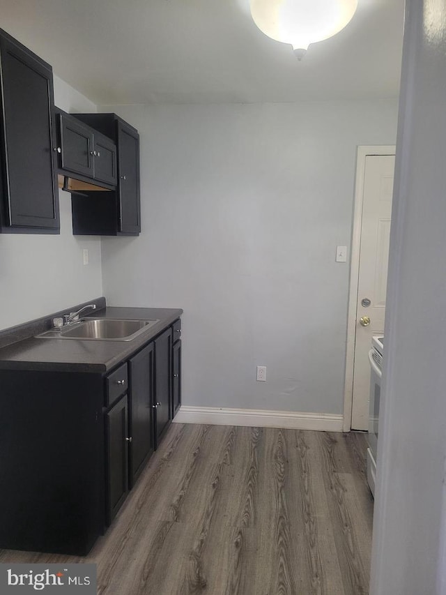 2860 N Palethorp St, Philadelphia, PA 19133 - kitchen featuring a sink, wood finished floors, dark cabinets, dark countertops, and baseboards
