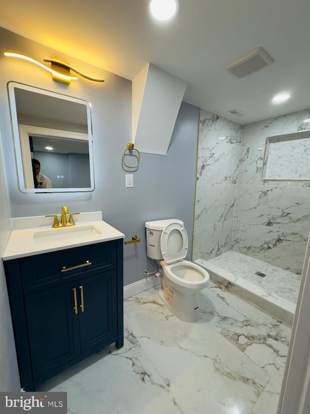 3203 W Allegheny Ave, Philadelphia, PA 19132 - bathroom with vanity, a marble finish shower, toilet, marble finish floors, and baseboards