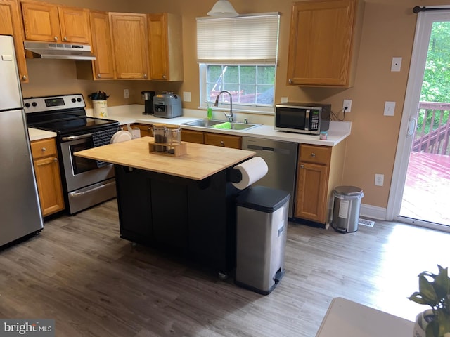 941 Chestnut Manor Ct, Curtis Bay, MD 21226 - kitchen featuring appliances with stainless steel finishes, a sink, under cabinet range hood, light wood-type flooring, and a kitchen island