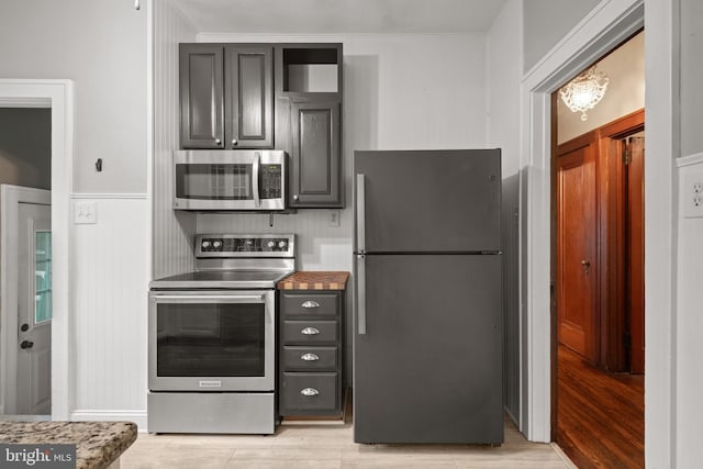 kitchen featuring stainless steel appliances, wainscoting, and light wood-style flooring
