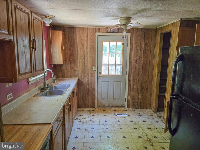 kitchen featuring freestanding refrigerator, a sink, light floors, ceiling fan, and wood walls