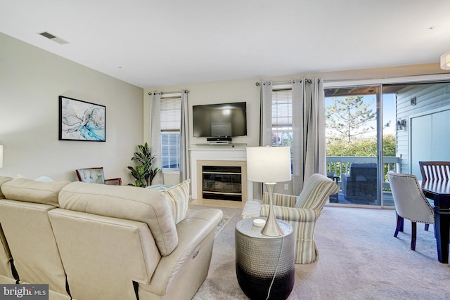 6914 Ellingham Cir Unit C, Alexandria, VA 22315 - living room featuring carpet floors, a high end fireplace, and healthy amount of natural light
