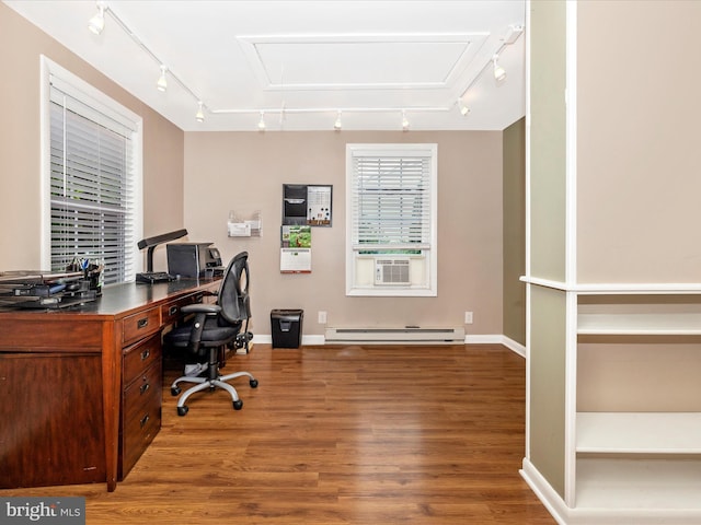 4310 Zircon Rd, Middletown, MD 21769 - office space with rail lighting, a baseboard heating unit, attic access, and wood finished floors