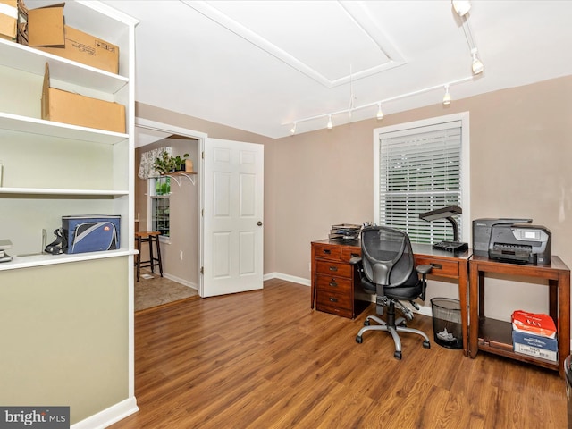 4310 Zircon Rd, Middletown, MD 21769 - office area with track lighting, attic access, wood finished floors, and baseboards