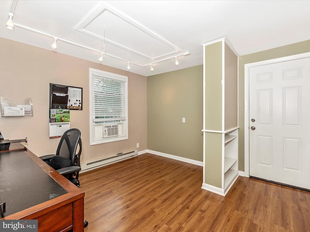 4310 Zircon Rd, Middletown, MD 21769 - unfurnished office with attic access, a baseboard radiator, track lighting, and wood finished floors