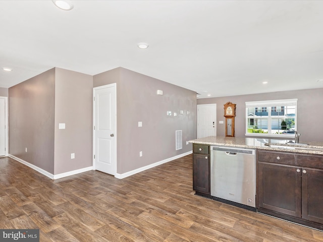 11044 Cross Fields Dr, Waynesboro, PA 17268 - kitchen with dishwasher, dark wood-style floors, dark brown cabinets, recessed lighting, and light stone countertops