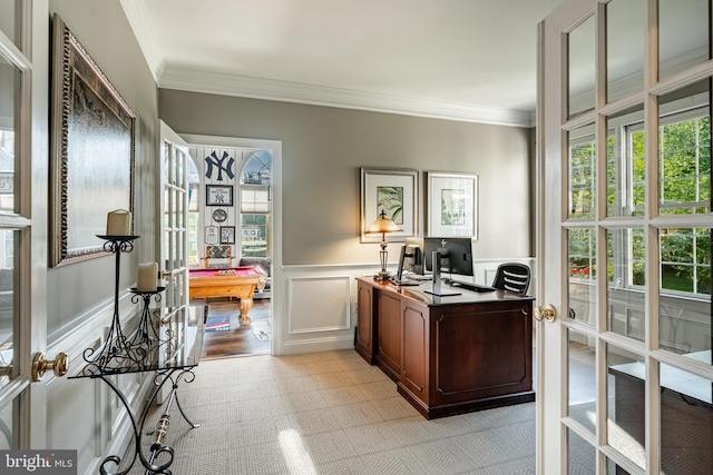 201 Ivystone Dr, Downingtown, PA 19335 - office area featuring a decorative wall, ornamental molding, wainscoting, light flooring, and billiards table