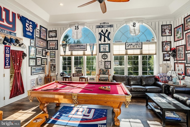 201 Ivystone Dr, Downingtown, PA 19335 - playroom featuring a ceiling fan, pool table, wood finished floors, and recessed lighting