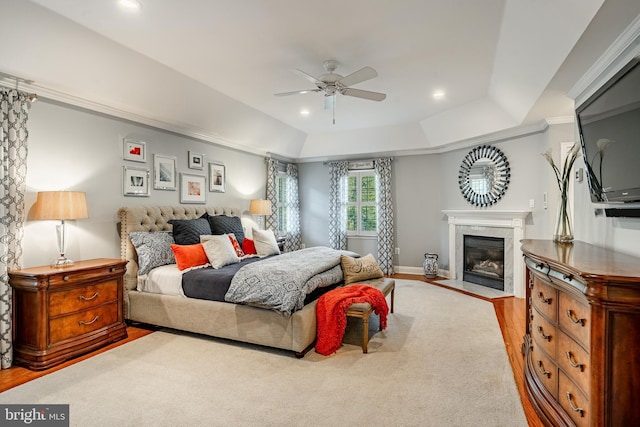 201 Ivystone Dr, Downingtown, PA 19335 - bedroom featuring a fireplace with flush hearth, recessed lighting, a raised ceiling, ceiling fan, and baseboards