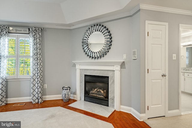 201 Ivystone Dr, Downingtown, PA 19335 - living room with a premium fireplace, ornamental molding, baseboards, and wood finished floors