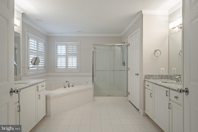 201 Ivystone Dr, Downingtown, PA 19335 - bathroom with vanity, tile patterned floors, a garden tub, a shower stall, and crown molding