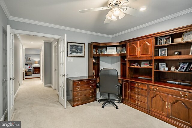 201 Ivystone Dr, Downingtown, PA 19335 - office with light colored carpet, crown molding, a ceiling fan, and baseboards