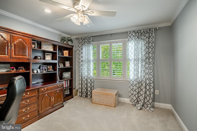 201 Ivystone Dr, Downingtown, PA 19335 - carpeted office featuring crown molding, ceiling fan, and baseboards