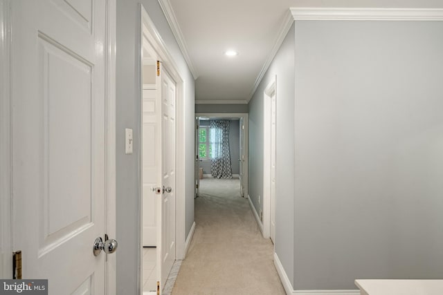 201 Ivystone Dr, Downingtown, PA 19335 - hallway featuring ornamental molding, light colored carpet, baseboards, and recessed lighting