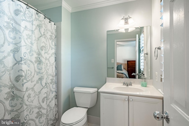 201 Ivystone Dr, Downingtown, PA 19335 - ensuite bathroom with ornamental molding, vanity, toilet, and a shower with curtain