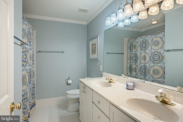 201 Ivystone Dr, Downingtown, PA 19335 - bathroom featuring double vanity, toilet, tile patterned floors, ornamental molding, and a shower with curtain