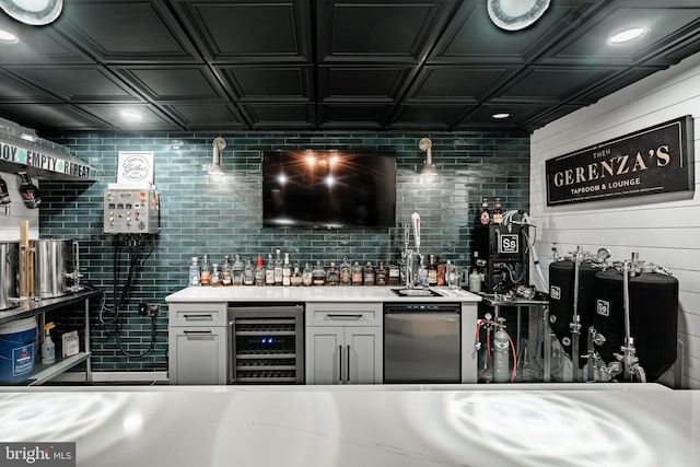 201 Ivystone Dr, Downingtown, PA 19335 - indoor wet bar featuring wine cooler, an ornate ceiling, dishwasher, and decorative backsplash