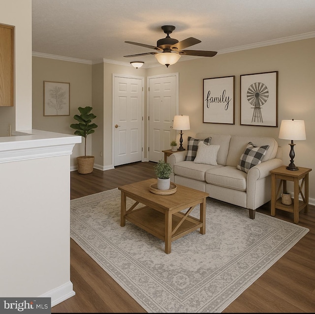 11002 Koman Cir, Manassas, VA 20109 - living area with baseboards, dark wood-type flooring, a ceiling fan, and ornamental molding