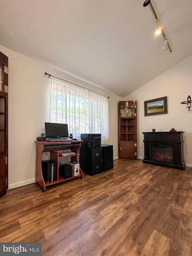 5607 Meridian Rd, Gibsonia, PA 15044 - office area featuring wood finished floors, lofted ceiling, a glass covered fireplace, and track lighting