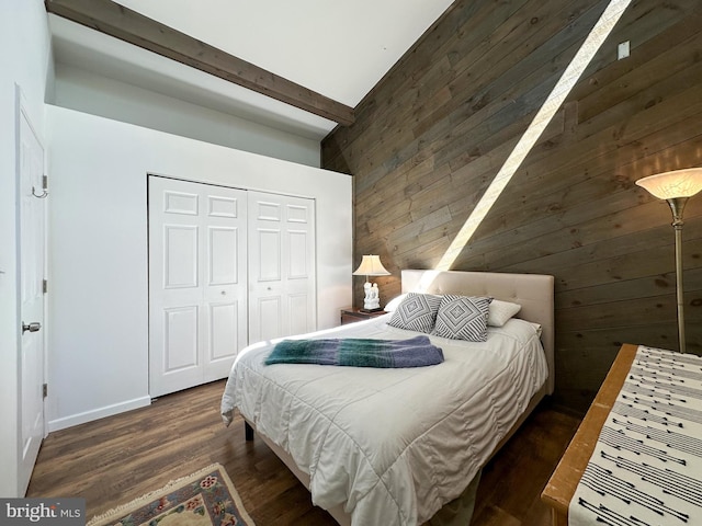 5607 Meridian Rd, Gibsonia, PA 15044 - bedroom with wooden walls, wood finished floors, a closet, beam ceiling, and high vaulted ceiling