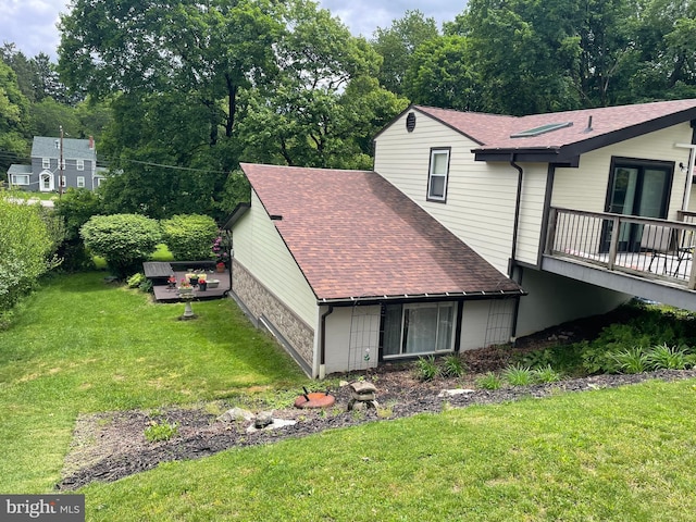 5607 Meridian Rd, Gibsonia, PA 15044 - view of home's exterior with a shingled roof, a yard, and a wooden deck