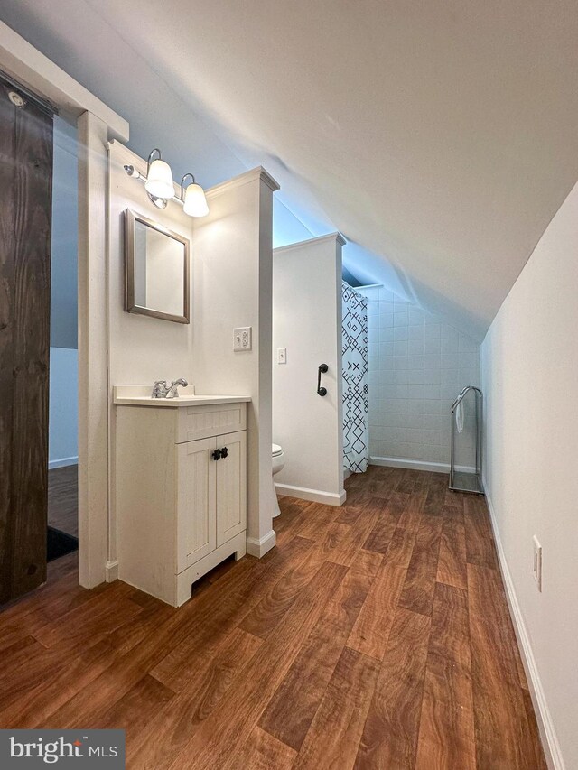 5607 Meridian Rd, Gibsonia, PA 15044 - full bath with lofted ceiling, wood finished floors, vanity, and a shower with curtain