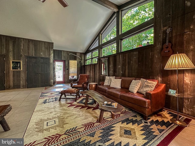 5607 Meridian Rd, Gibsonia, PA 15044 - tiled living area with wooden walls, high vaulted ceiling, beamed ceiling, and a ceiling fan