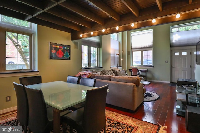 dining area featuring baseboards, wood-type flooring, beam ceiling, and wood ceiling