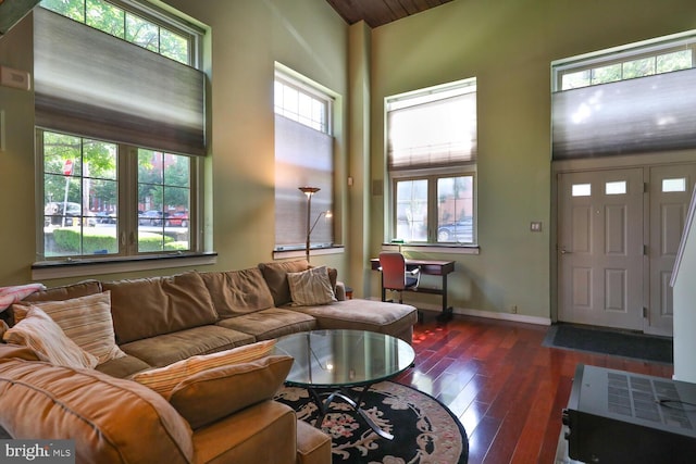 living area with dark wood-type flooring, high vaulted ceiling, and baseboards