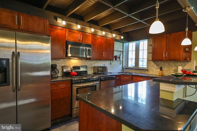 kitchen with appliances with stainless steel finishes, dark countertops, open shelves, beamed ceiling, and a sink