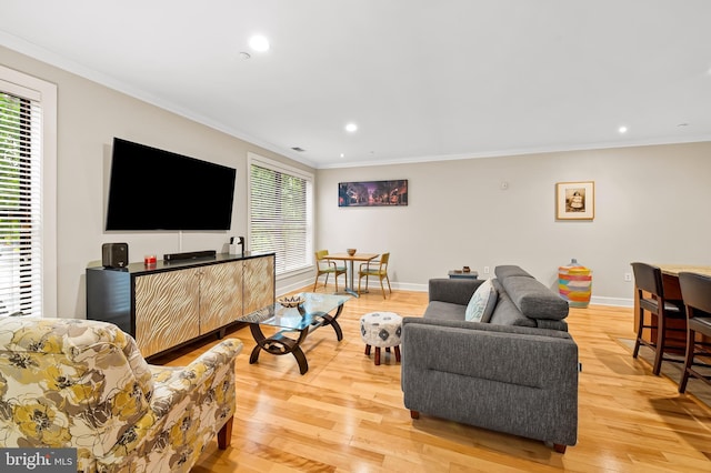 2007 Clipper Park Rd Unit 114, Baltimore, MD 21211 - living room featuring healthy amount of natural light, ornamental molding, light wood finished floors, baseboards, and recessed lighting