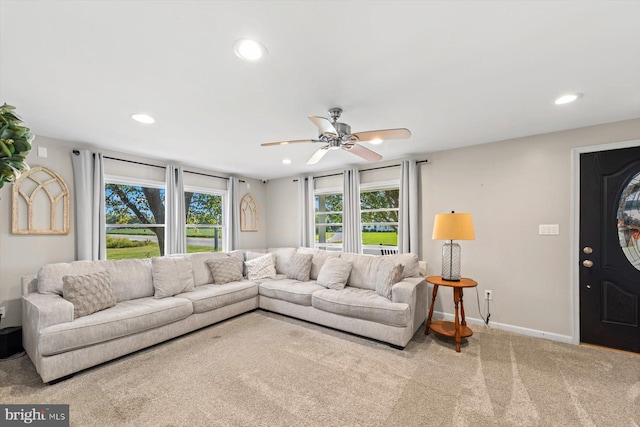 34602 Roxana Rd, Frankford, DE 19945 - living room with carpet flooring, a ceiling fan, recessed lighting, and baseboards