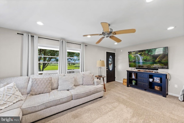 34602 Roxana Rd, Frankford, DE 19945 - living area featuring recessed lighting, ceiling fan, carpet floors, and baseboards