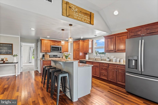 34602 Roxana Rd, Frankford, DE 19945 - kitchen with appliances with stainless steel finishes, a sink, a kitchen bar, dark wood-style flooring, and lofted ceiling