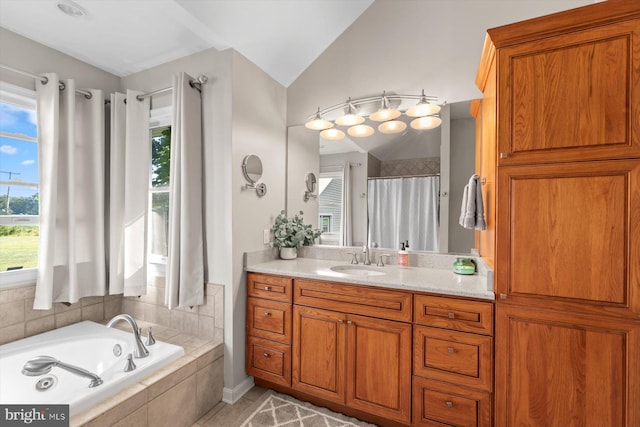 34602 Roxana Rd, Frankford, DE 19945 - full bath featuring lofted ceiling, a bath, vanity, and curtained shower