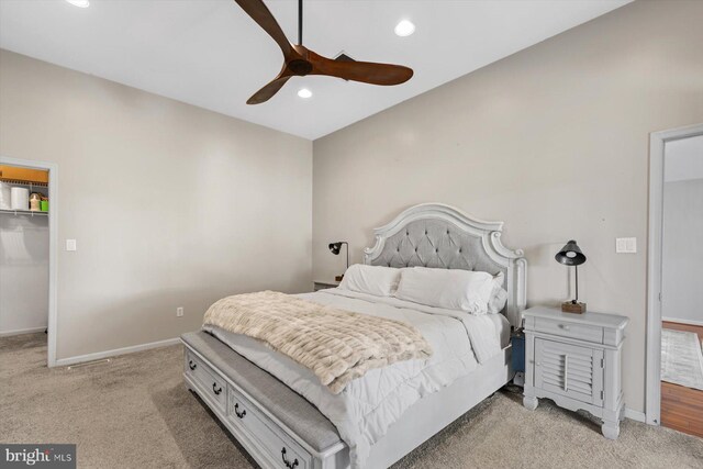 34602 Roxana Rd, Frankford, DE 19945 - bedroom featuring a spacious closet, light carpet, recessed lighting, baseboards, and ceiling fan