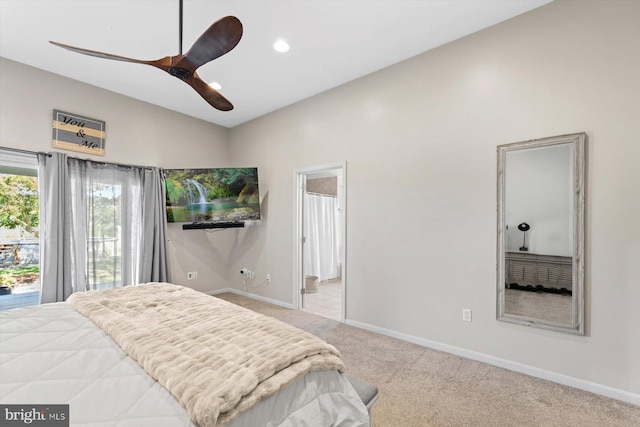 34602 Roxana Rd, Frankford, DE 19945 - carpeted bedroom with baseboards, access to outside, connected bathroom, a ceiling fan, and recessed lighting