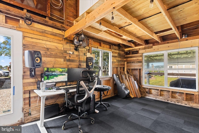 34602 Roxana Rd, Frankford, DE 19945 - office featuring wood walls, wooden ceiling, beamed ceiling, and dark colored carpet