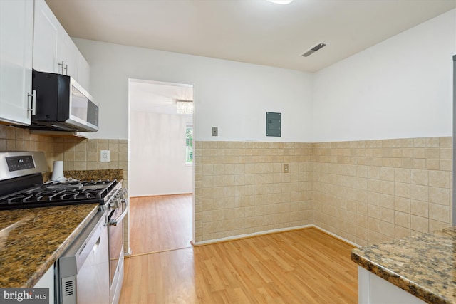 19439 Brassie Pl Unit 101, Gaithersburg, MD 20886 - kitchen with stainless steel appliances, light wood-style floors, white cabinetry, dark stone countertops, and electric panel