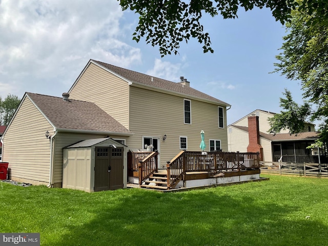 1345 Sweetbriar Ln, Bel Air, MD 21014 - rear view of property featuring a storage unit, a wooden deck, a garage, an outdoor structure, and a chimney