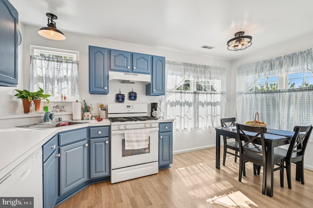 1402 Bonnett Pl Unit 131, Bel Air, MD 21015 - kitchen featuring white appliances, blue cabinetry, under cabinet range hood, light wood-type flooring, and plenty of natural light