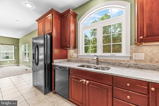 26635 Del Ibera Ct, Mechanicsville, MD 20659 - kitchen with black appliances, a sink, backsplash, light tile patterned flooring, and baseboards