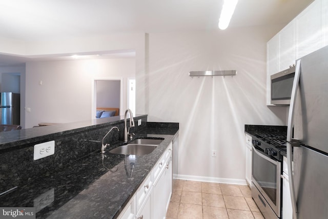 4320 Cannon Ridge Ct Unit 50, Fairfax, VA 22030 - kitchen with stainless steel appliances, a sink, white cabinets, dark stone countertops, and light tile patterned floors