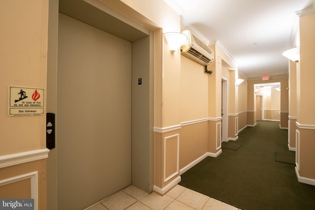 4320 Cannon Ridge Ct Unit 50, Fairfax, VA 22030 - hall with a wall mounted air conditioner, elevator, ornamental molding, tile patterned flooring, and baseboards