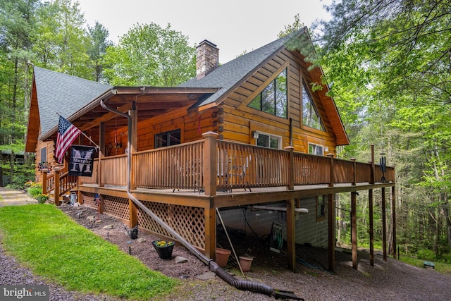 532 Pine Grove Rd, Lonaconing, MD 21539 - rear view of house featuring a shingled roof, a chimney, a deck, and log exterior