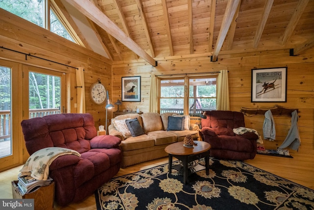 532 Pine Grove Rd, Lonaconing, MD 21539 - living area featuring wooden walls, healthy amount of natural light, wood ceiling with exposed beams, wood finished floors, and high vaulted ceiling