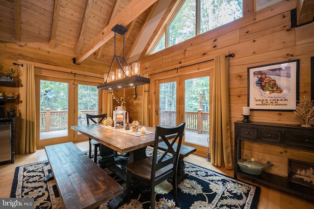 532 Pine Grove Rd, Lonaconing, MD 21539 - dining room featuring wooden ceiling with exposed beams, wood walls, light wood-style floors, healthy amount of natural light, and high vaulted ceiling